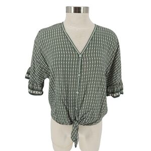 Max Studio Shirt Green Geo Print Ruffle Short Sleeve Button VNeck Tie Top Medium